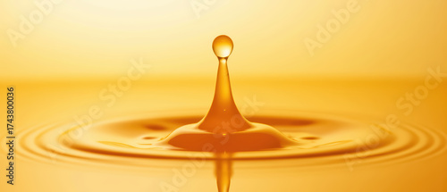 Stunning close up of water droplet creating ripples in golden liquid, showcasing beauty of fluid dynamics and light reflection