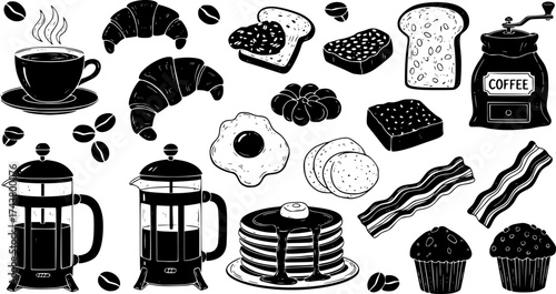 Hand-drawn black and white line art of a classic breakfast set including a croissant, toast, fried eggs, coffee, and juice. Minimalist doodle-style vector illustration perfect for coloring books, food