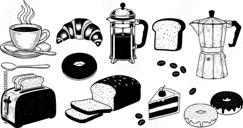 Hand-drawn black and white line art of a classic breakfast set including a croissant, toast, fried eggs, coffee, and juice. Minimalist doodle-style vector illustration perfect for coloring books, food