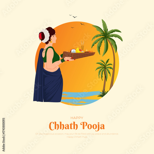 Happy Chhath Pooja Post and Greeting Card. Minimal and Modern indian Festival Poster and Flyer Template with Text. Vector Illustration