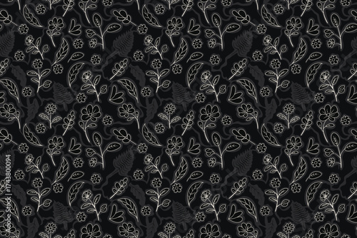 Seamless botanical floral pattern with foliage and white hand drawn flowers on black background for textile, paper, packaging and fashion prints.