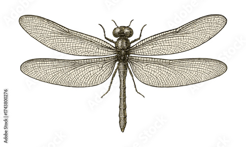 Intricate dragonfly entomology art in vintage etching style