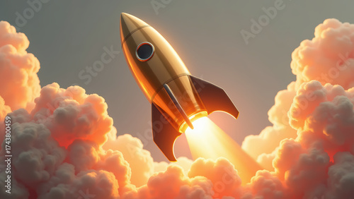Sleek rocket launches into sky, surrounded by vibrant clouds and warm glow, symbolizing adventure and exploration