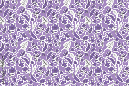 Seamless botanical floral pattern with foliage and white hand drawn flowers on purple background for textile, paper, packaging and fashion prints.