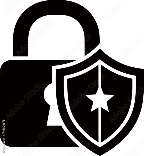 Black silhouette symbol of lock and shield with a star. Security and protection icon. Data privacy concept. Vector flat illustration for safe access