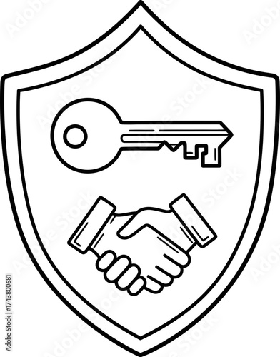Agreement and partnership deal symbol within a shield, with a key and handshake, depicting security. Vector illustration.