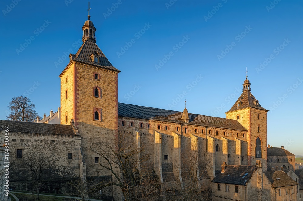 Fototapeta premium Scenic Fortification Walls Featuring Iron Rooftops and Watchtowers