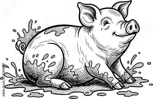 Smiling pig playing in mud with water splash. Farm animal concept. Funny graphic design element. Vector illustration for sticker, logo