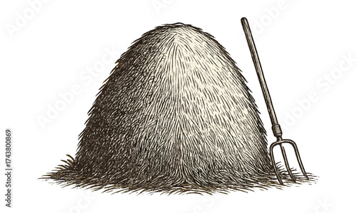 Vintage haystack with pitchfork sketch in rustic farm setting