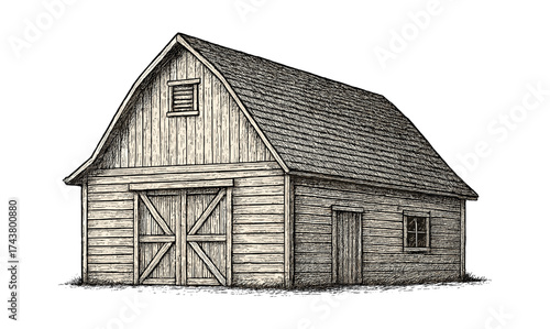 Rustic wooden barn in detailed hand-drawn style with vintage charm
