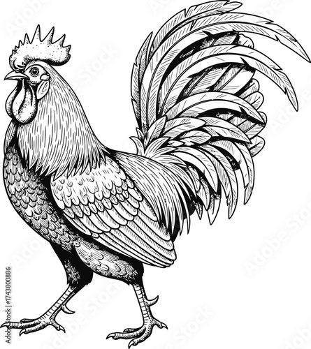 Hand drawn vintage style rooster vector illustration. Farm animal sketch for agriculture, poultry farm, food, nature concept. Graphic art