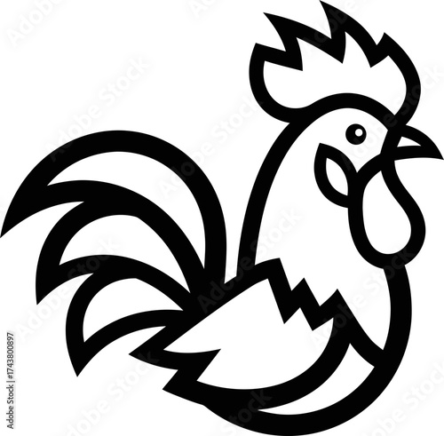 Rooster or cock mascot cartoon side view. Farm animal, poultry bird. Minimalist black outline graphic icon. Vector illustration for logo, emblem, symbol design