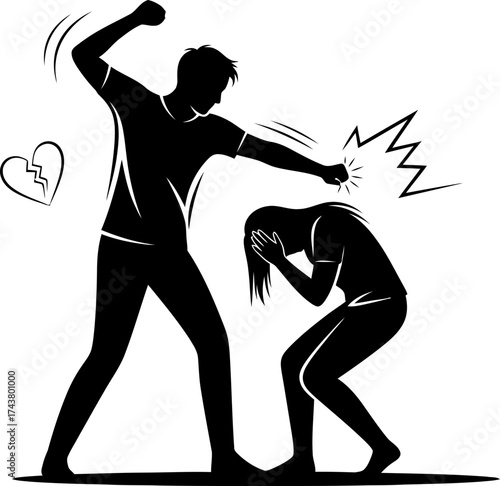 Man hitting a woman. Domestic violence concept. Abuse, aggression, fear and broken heart. Black and white vector illustration for victim awareness poster