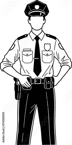 Standing policeman in uniform with hat, hands on hips. Professional police officer. Male character, security concept. Vector icon symbol