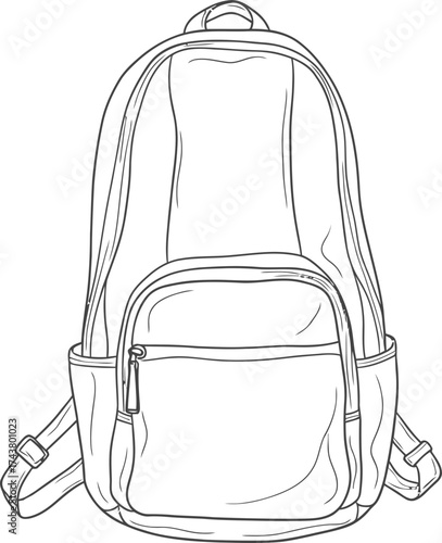 Backpack with shoulder straps and front pocket. School bag, travel rucksack or knapsack concept. Outline vector illustration on white background