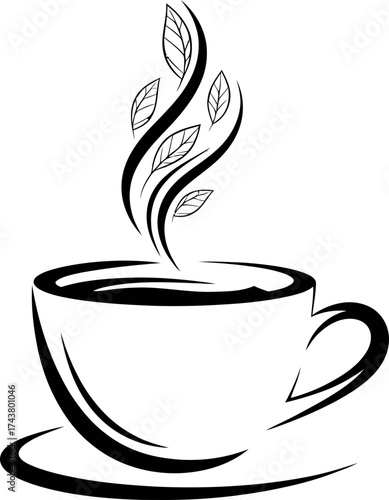Cup of hot tea with rising steam and leaves. Relaxing beverage concept. Hand drawn style vector illustration for menu, café, restaurant
