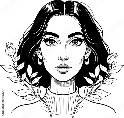Woman portrait with flowers. Minimalist graphic for logo, avatar, profile, beauty salon, fashion or cosmetic banner. Vector illustration