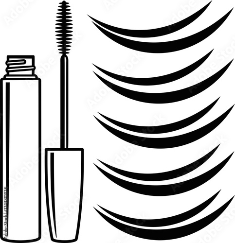 Open mascara tube with brush and an applicator with black curved lines, a beauty makeup product. Vector illustration for cosmetic design