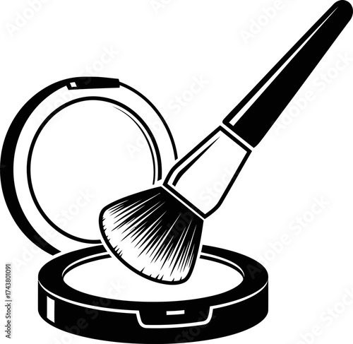 Powder compact with open lid and makeup brush on top. Beauty fashion accessory icon for cosmetic application. Vector illustration for design