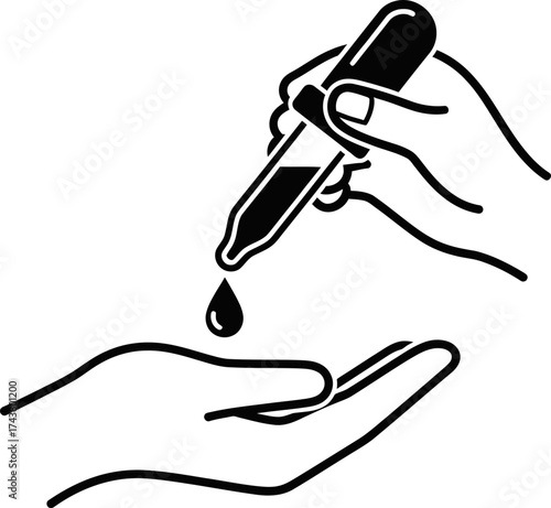Hand holding dropper above another hand with a falling drip. Medical treatment or beauty product application concept. Silhouette outline vector icon
