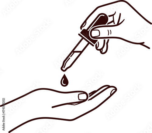 Hand holding pipette dropping medicine liquid to another hand. Skincare and medical treatment, health care concept. Vector line illustration