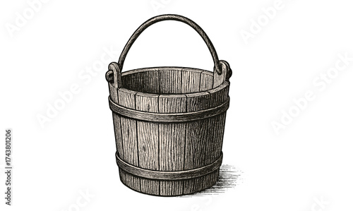 Hand drawn rustic wooden bucket with handle in vintage style