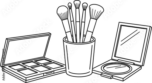 Set of cosmetic makeup brushes in a holder, eyeshadow palette, and compact powder with mirror. Beauty care illustration concept