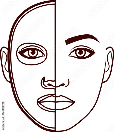 Woman half face with wrinkled eye and other half smooth, concept of aging, facial treatment. Graphic line symbol for cosmetic, beauty. Vector icon