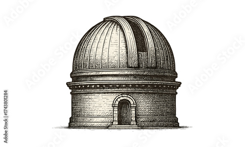 Classic engraving style observatory building with detailed architecture