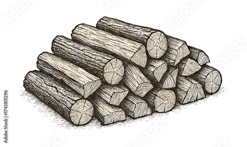 Hand-drawn firewood log pile in rustic design for fireplace and camping