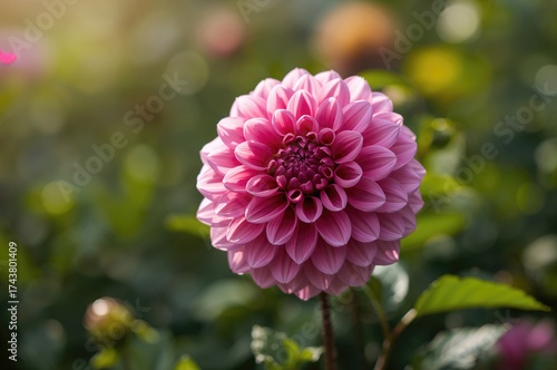 Close-up of a vibrant pink pompom dahlia flower with blurred background