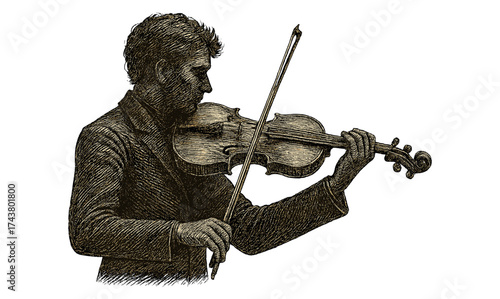 Classical musician playing violin in detailed engraving style