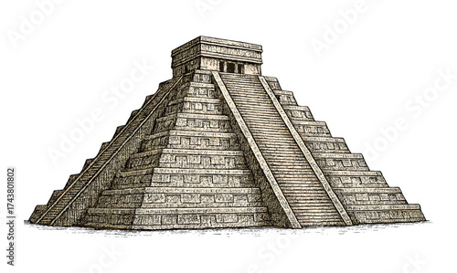 Ancient mayan pyramid drawing with detailed architectural elements
