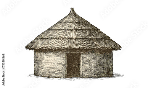 Traditional african round hut with thatch roof in vintage etching style