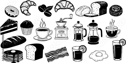 Hand-drawn black and white line art of a classic breakfast set including a croissant, toast, fried eggs, coffee, and juice. Minimalist doodle-style vector illustration perfect for coloring books, food