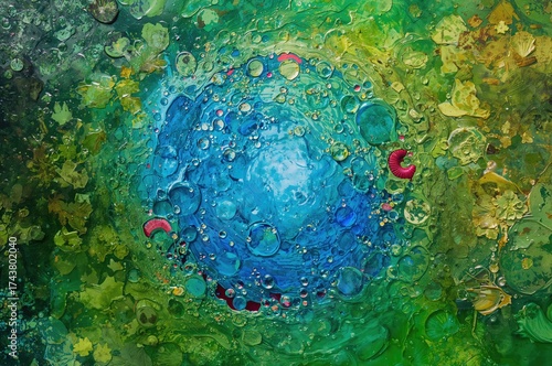 Inside an artist's workspace filled with bright hues and the aroma of fresh paint, a mesmerizing and lively abstract piece takes shape, set against a backdrop of rich foliage and detailed designs