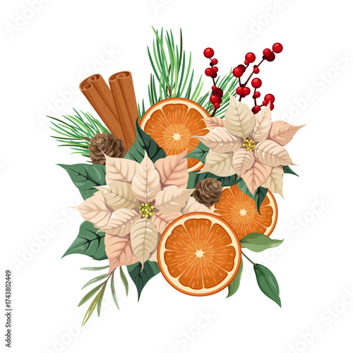 Winter Christmas bouquet with poinsettias, oranges, and cinnamon. Vector.