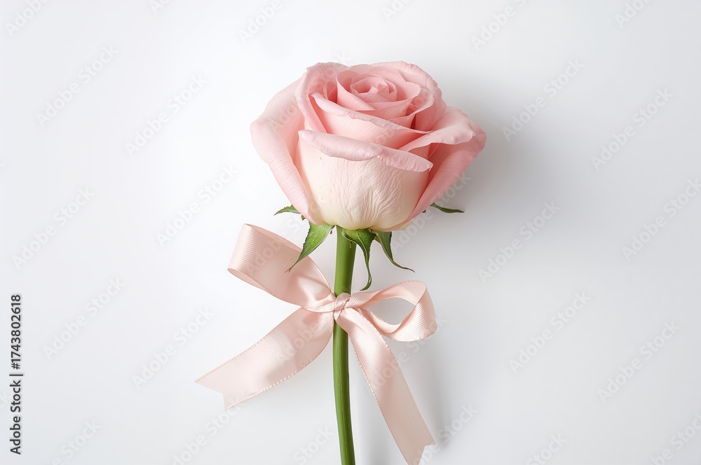Fototapeta premium Heart-shaped ribbon tied around a pink rose on a white background
