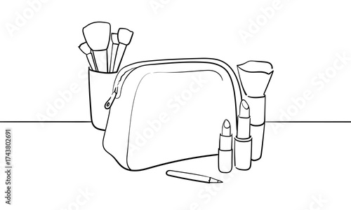 Сosmetic bag with tube of face and body cream in line art style on white background. Body and face care outline. Vector illustration	
