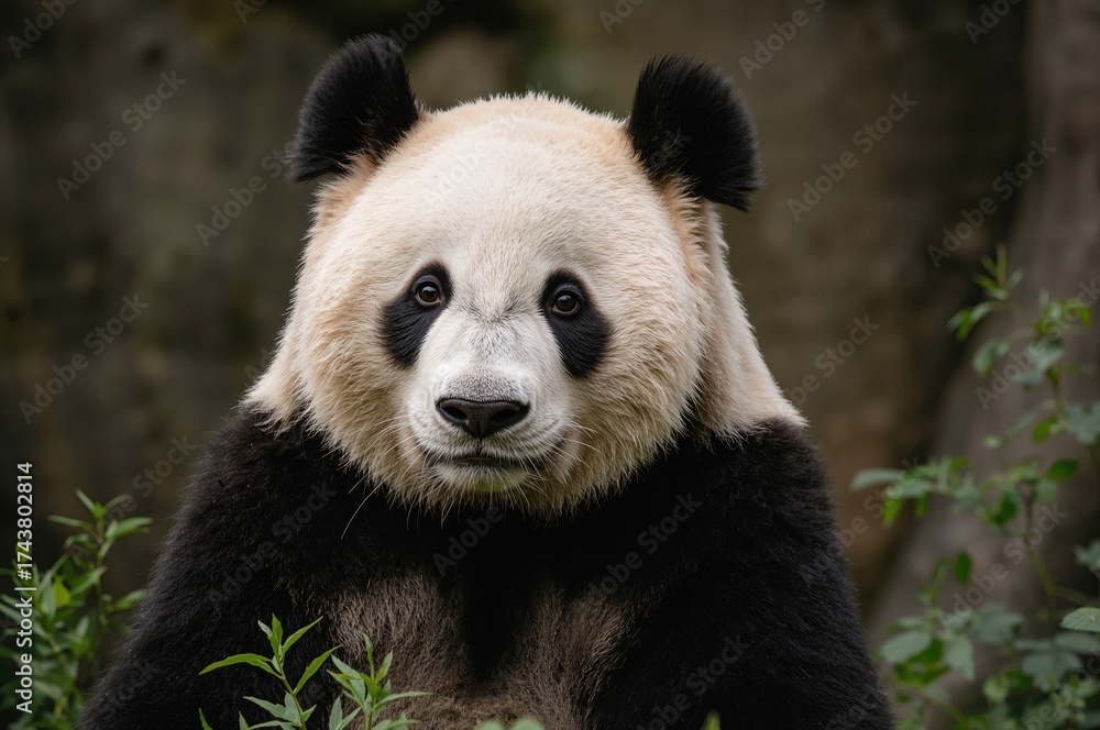 Fototapeta premium Adorable panda resting with a sleepy expression in captivity. Ailuropoda melanoleuca. detailed view
