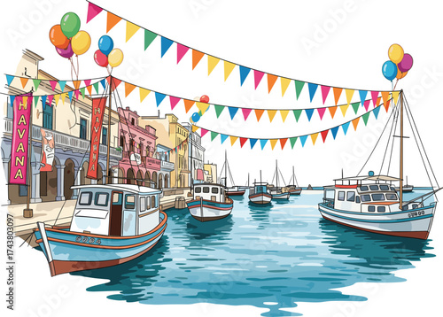 Festive Havana Waterfront with Carnival Decorations in Watercolor Illustration