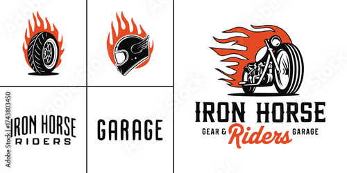 Flaming motorcycle emblem with Iron Horse Riders Garage typography in vintage vector style for biker club and apparel print