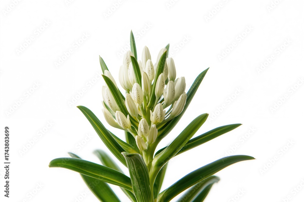 Obraz premium Close-up of a vibrant flowering plant against a crisp white backdrop, showcasing natural beauty and fresh leaves in a bright setting
