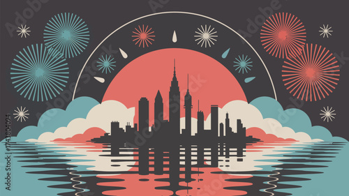 City skyline silhouette with fireworks and water reflections in retro styled illustration art
