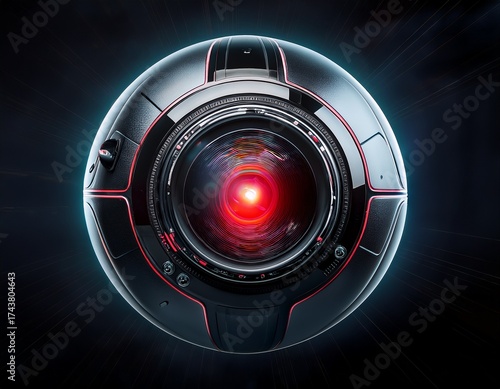 Close up of a menacing red eye of a futuristic AI robot camera lens.
