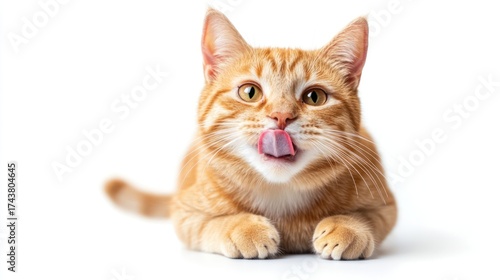Ginger cat, tongue out, hungry