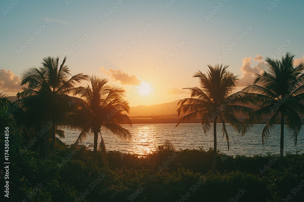 Obraz premium Tropical sunset with orange sky and palm silhouettes over water