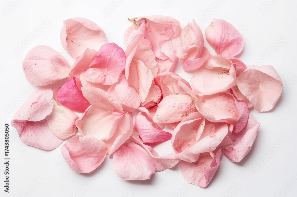Fototapeta premium Rose and pink petals scattered on a white backdrop, created with AI generative methods