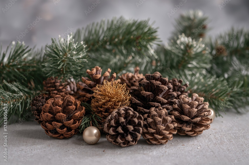 Fototapeta premium Dry pine cones and flowers for decoration showcasing natural textures
