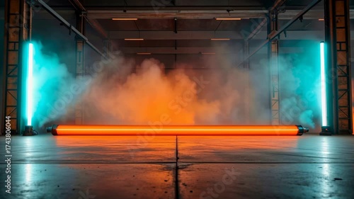 Vibrant Neon Lights Illuminate Foggy Industrial Space, Creating Dramatic Atmosphere with Smoke